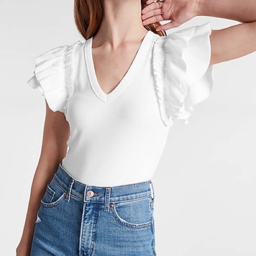 NWT Express Elegant white Ruffle Sleeve thong stretch knit Bodysuit S